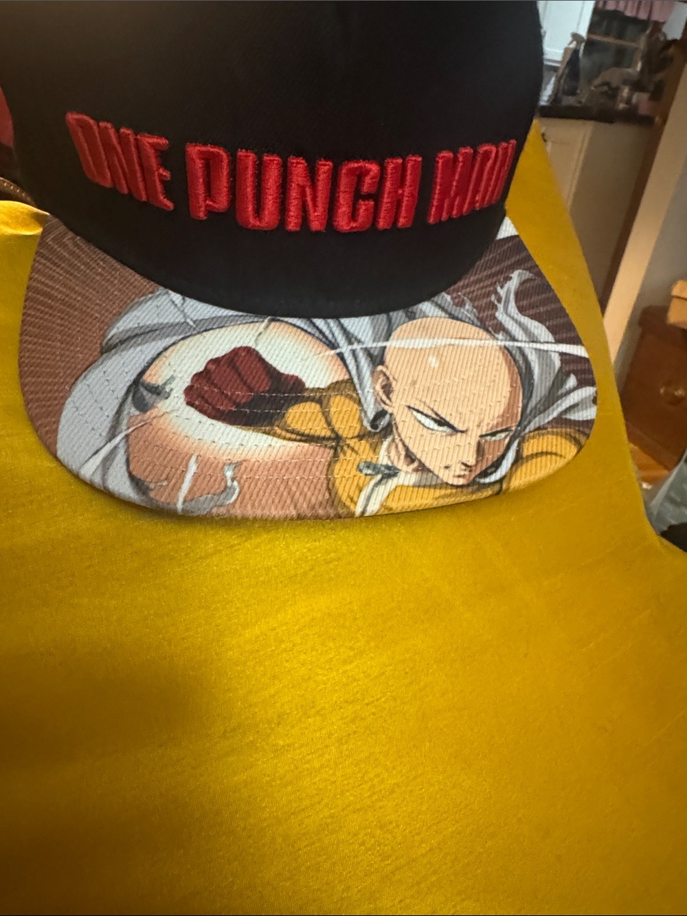 One Punch Man Black Snapback Hat with Yellow Anime Visor